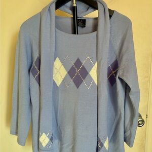 R.Q.T. Petite-M Periwinkle Sequin Accent Argyle Sweater with Matching Scarf Set